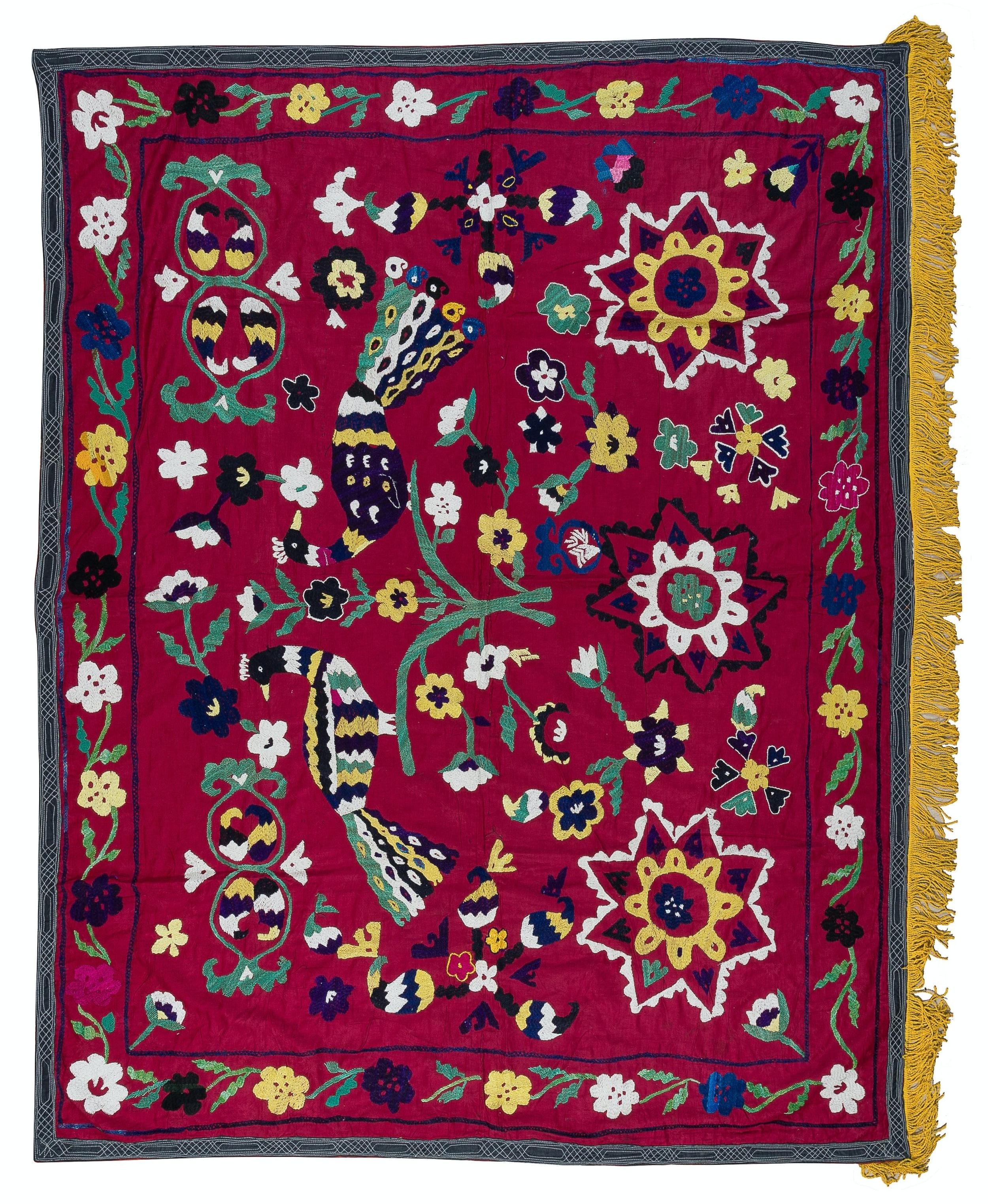 Unique Hand Embroidered Wall Hanging in Maroon Red. Boho Wall Decor For