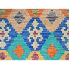 5'x6'4" Alfombra afgana Kilim azul de diseño geométrico tejida a mano con trama plana totalmente de lana
