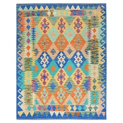 5'x6'4" Alfombra afgana Kilim azul de diseño geométrico tejida a mano con trama plana totalmente de lana