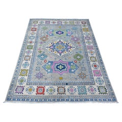 5'x6'4" Cloud Gray Colorful Hand Knotted Fusion Kazak Shiny Wool Oriental Rug