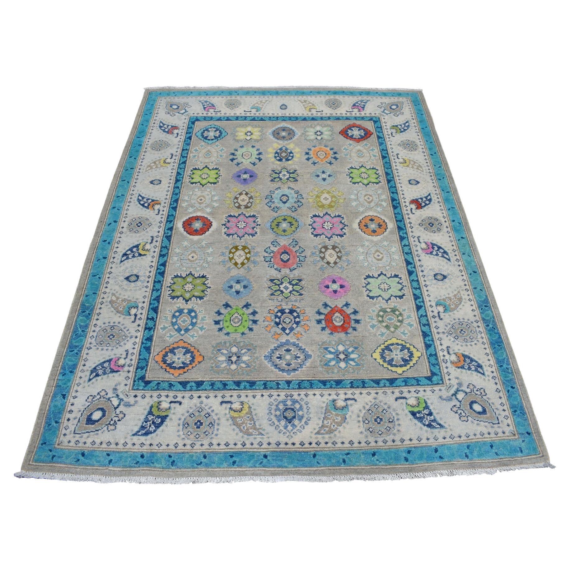 5'x6'4" Colorful Gray Fusion Kazak Pure Wool Geometric Design Hand Knotted Rug For Sale