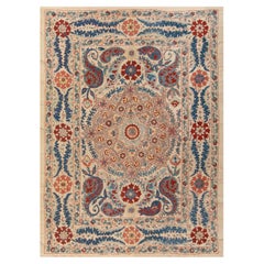 5x6.4 Ft 100% Silk Suzani Bedspread from Uzbekistan, Embroidered Wall Hanging