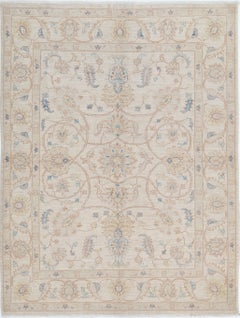 5x6.4 ft Hand Knotted Turkish Rug. Decorative Beige Wool Rug with Floral Design