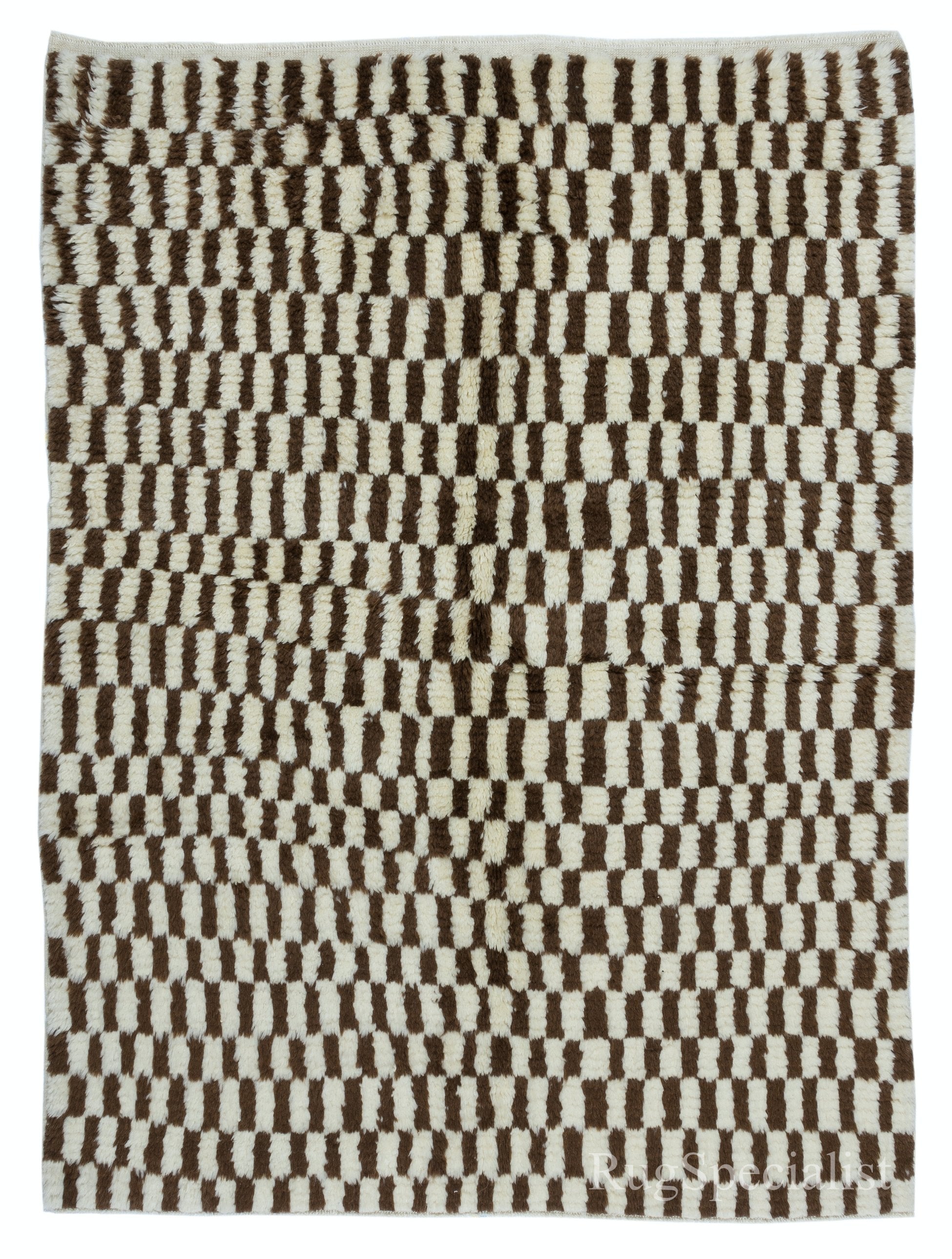 5x6.4 Ft Modern Hand Knotted Checkered Tulu Rug in Brown & Beige. All Wool For Sale