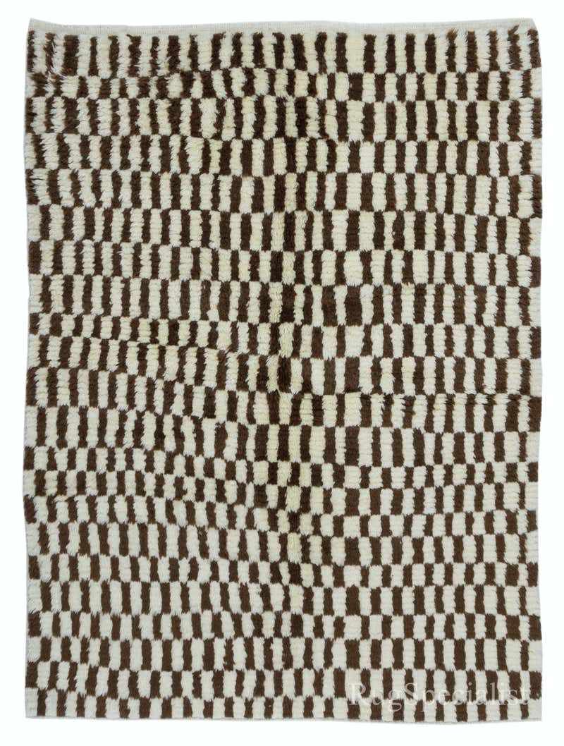 5x7 Ft Modern Checkered Hand-Knotted Tulu Rug. 100% Wool. Cream and ...