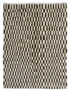 5x6.4 Ft Modern Hand Knotted Checkered Tulu Rug in Brown & Beige. All Wool