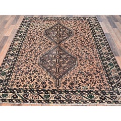 5'x6'4" Peach Color Vintage Persian Shiraz Hand Knotted Pure Wool Oriental Rug