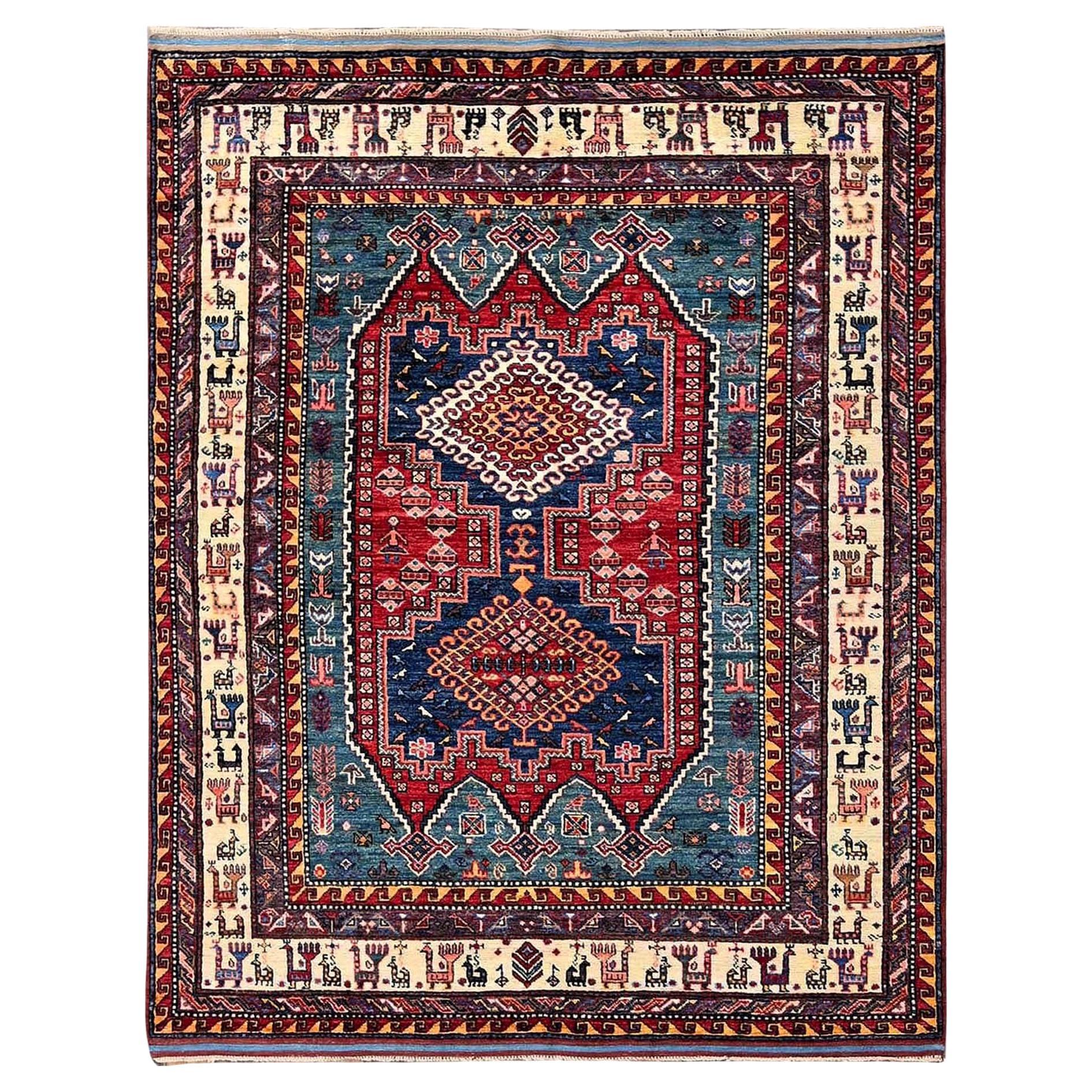 5'x6'4" Roter afghanischer Ersari mit kaukasischem Design Revival handgeknüpfter Wollteppich im Angebot