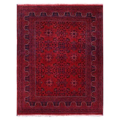 5'x6'4" Scarlet Red Afghan Khamyab Tribal Design Pure Wool Hand Knotted Rug