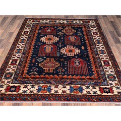5'x6'4" Yale Blue Afghan Ersari with Caucasian Motif Hand Knotted Wool Rug