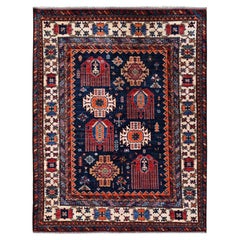 5'x6'4" Yale Blue Afghan Ersari with Caucasian Motif Hand Knotted Wool Rug