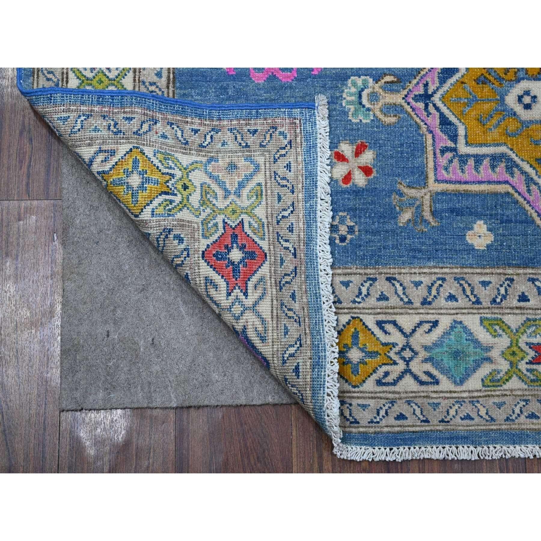 This is a truly genuine one-of-a-kind Fusion Kazak With Caucasian Design, Hand Knotted, Pure Wool, Oriental Rug. It has been Knotted for months and months in the centuries-old weaving craftsmanship techniques by expert artisans.
Primary materials: