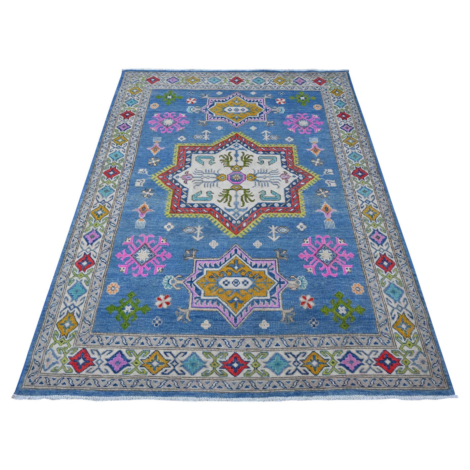 5'x6'5" Air Superiority Blue Pure And Shiny Wool Fusion Kazak Oriental Rug
