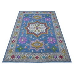 5'x6'5" Air Superiority Blue Pure And Shiny Wool Fusion Kazak Oriental Rug