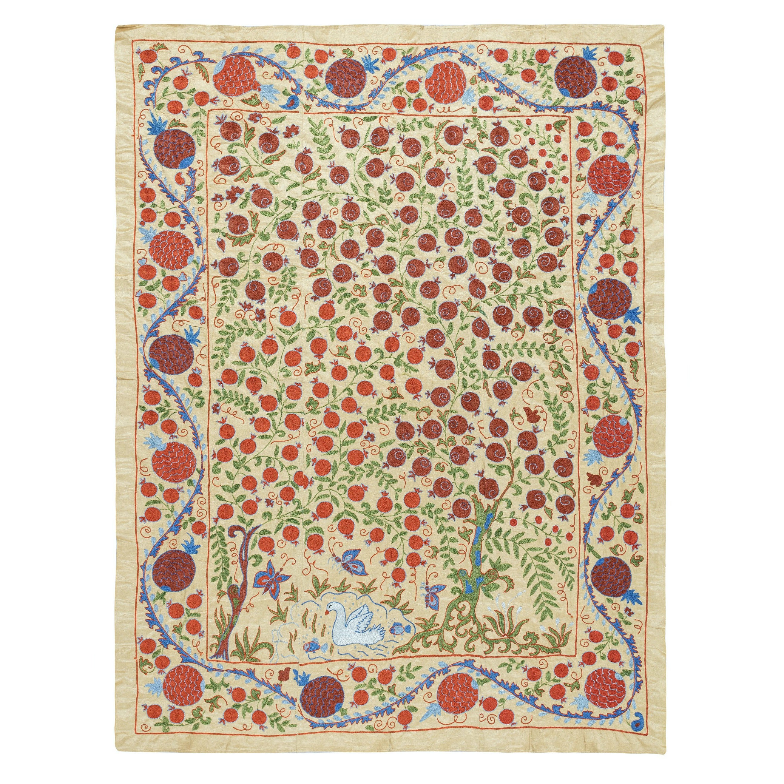 5x6.5 Ft 100% Silk Wall Hanging. Embroidered Pomegranate Tree Design Bedspread