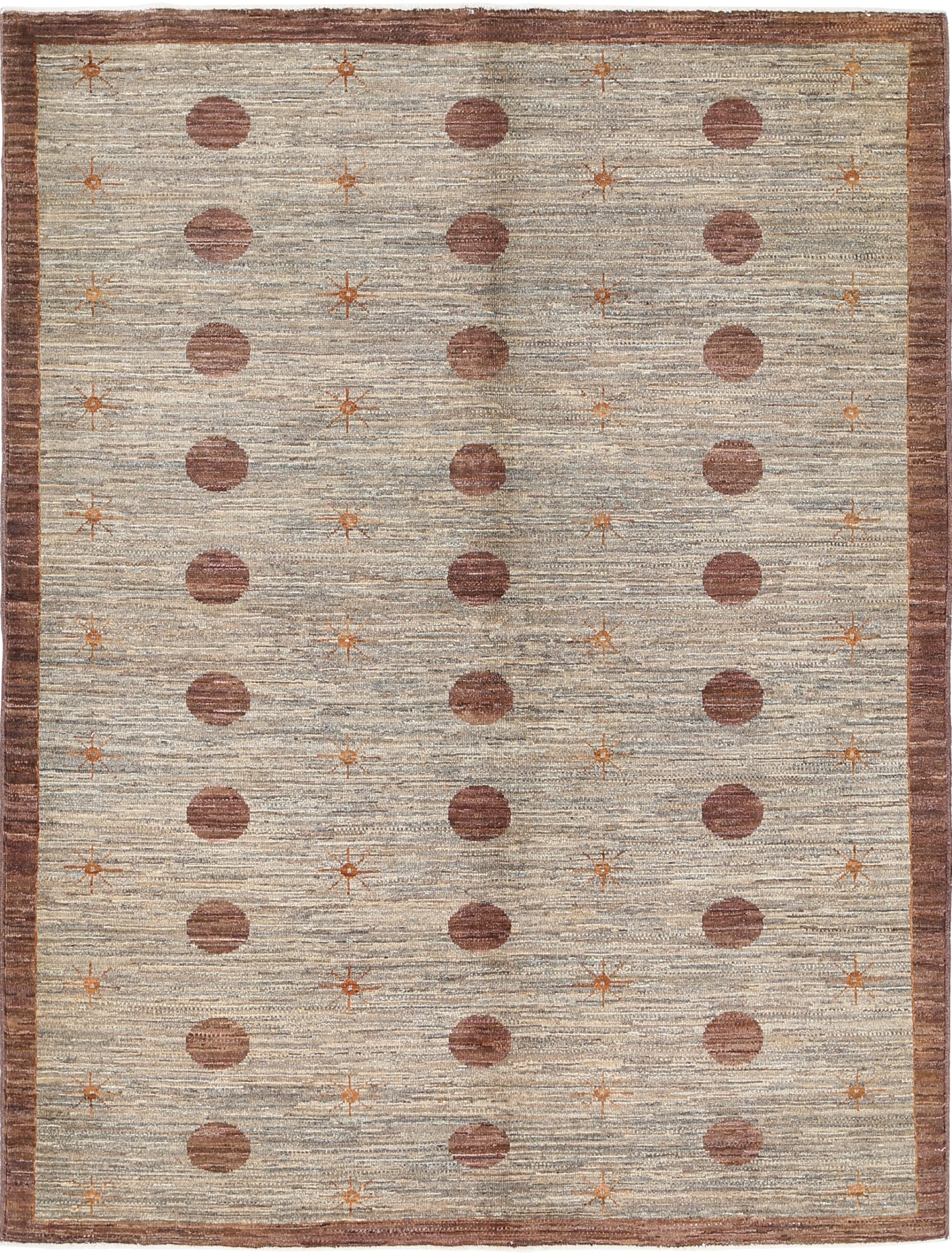5x6.5 ft Hand Knotted Beige and Brown Area Rug. Minimal Polka Dot Design Carpet