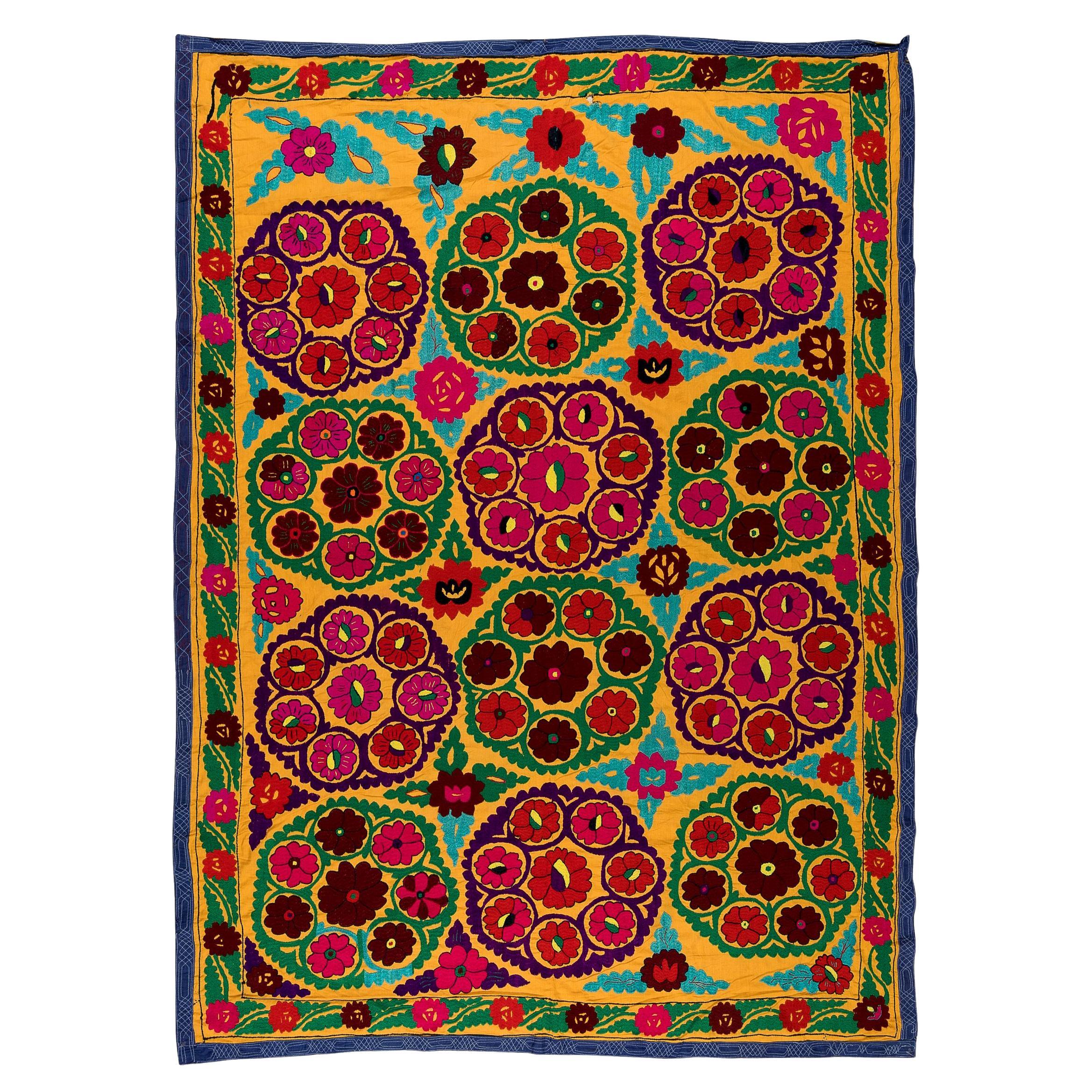 4.6x7 Ft Authentic Silk Hand Embroidery Suzani Bed Cover, New Uzbek