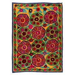 5x6.5 Ft Vintage Silk Hand Embroidery Bed Cover, Uzbek Suzani Wall Hanging