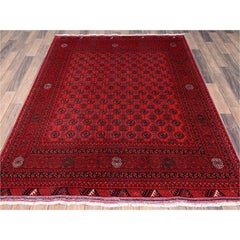 5'x6'5" roter afghanischer Khamyab-Teppich mit Bokara-Muster, handgeknüpft aus Wolle