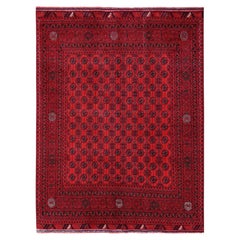 5'x6'5" roter afghanischer Khamyab-Teppich mit Bokara-Muster, handgeknüpft aus Wolle