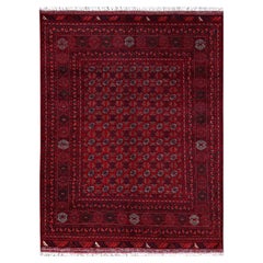 5'x6'5" Red Afghan Khamyab with Bokara Design Hand Knotted Wool Oriental Rug