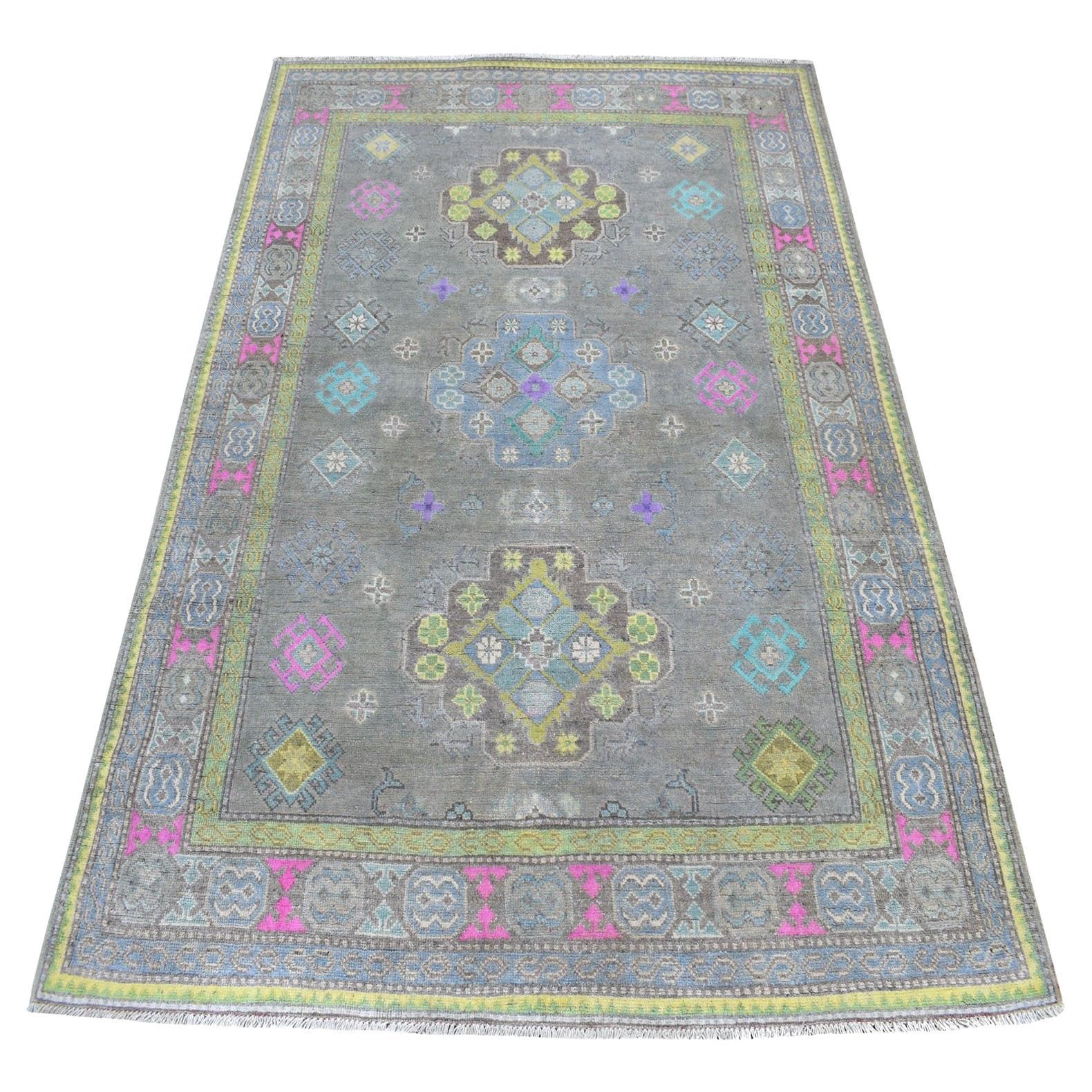 5'x6'6" Colorful Gray Fusion Kazak Pure Wool Geometric Design Hand Knotted Rug
