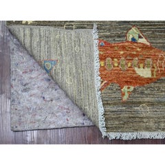 5'x6'6" Fossil Gray Afghan Peshawar Fish Design Hand Knotted Wool Oriental Rug
