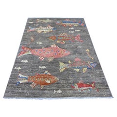 5'x6'6" Fossil Gray Afghan Peshawar Fish Design Hand Knotted Wool Oriental Rug