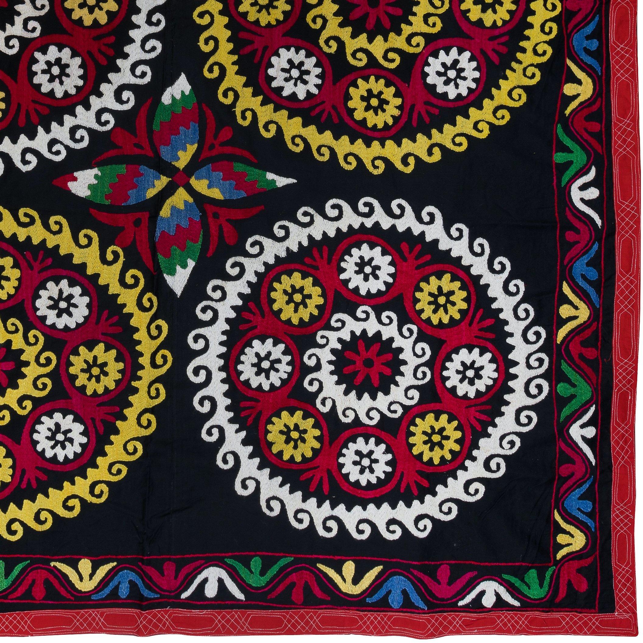 Uzbek 5x6.6 ft Colorful Silk Hand Embroidery Wall Hanging, Old Suzani Fabric Bedspread For Sale