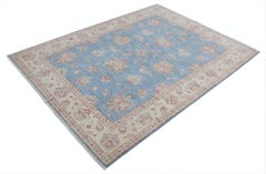 Alfombra Turca Floral Anudada a Mano de 1,5 m con Campo Azul y Borde Marfil