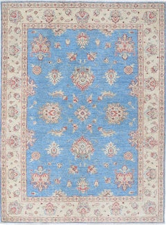 Alfombra Turca Floral Anudada a Mano de 1,5 m con Campo Azul y Borde Marfil