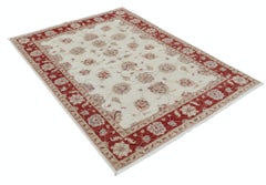 5x6.6 ft Tappeto per l'area in stile Oushak annodato a mano con bordo rosso e campo avorio