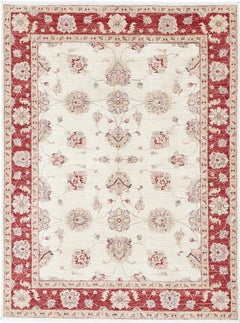 5x6.6 ft Tappeto per l'area in stile Oushak annodato a mano con bordo rosso e campo avorio
