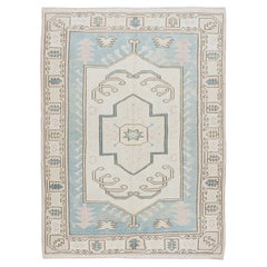 Tappeto moderno in lana geometrica turca fatto a mano 5x6.6 Ft in azzurro e crema