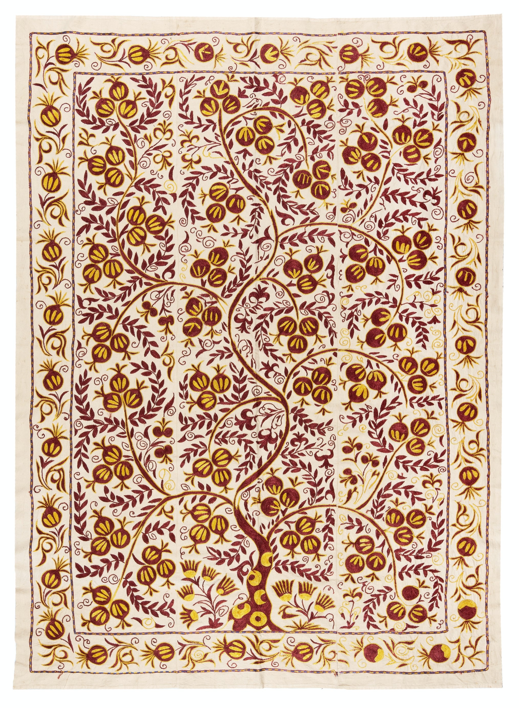 5x6.6 ft Silk Suzani Pomegranate Tree Design Bed Cover, Embroidered Wall Hanging