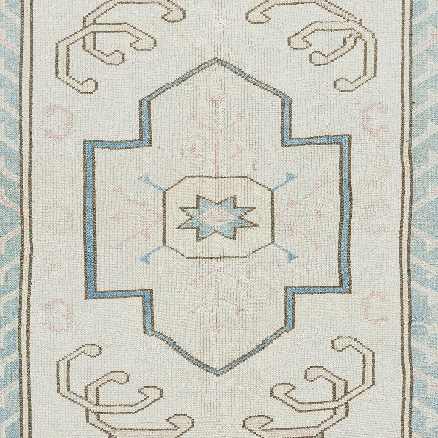 5x6.6 Ft Vintage Handmade Turkish Geometric Wool Area Rug in Light Blue & Cream In Good Condition For Sale In Philadelphia, PA