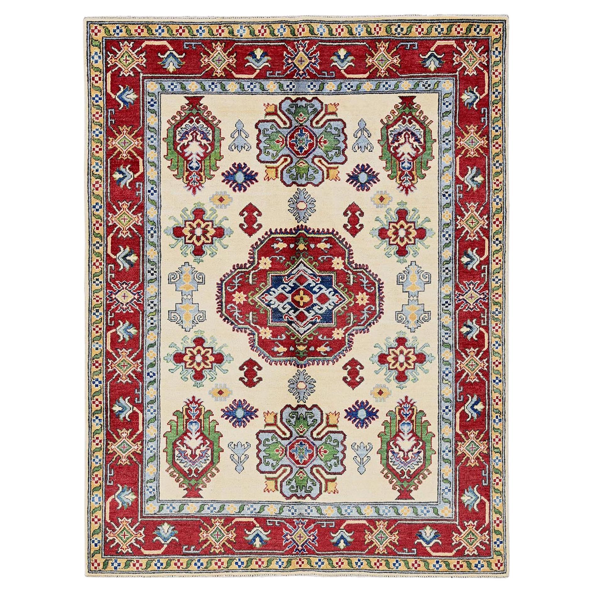 5
x6
6" Ivory Kazak with Geometric Medallions Design Hand Knotted All Wool Rug