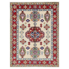 5
x6
6" Ivory Kazak with Geometric Medallions Design Hand Knotted All Wool Rug