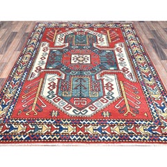 5'x6'6" Pepperoni Red Wool Antique Caucasian Swan Kazak Hand Knotted Rug