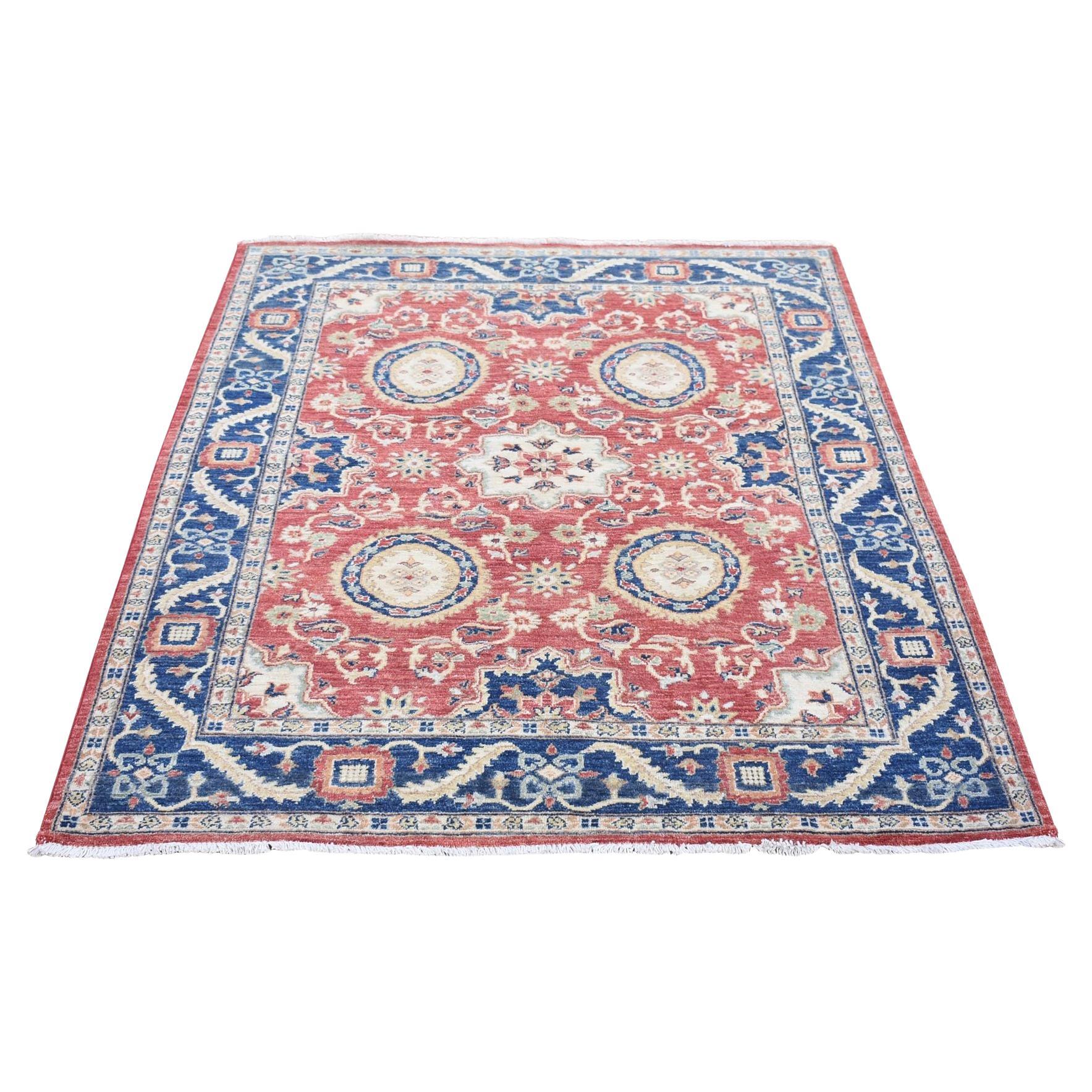 5'x6'6" Tomato Red, Peshawar Mahal Design Soft Wool Hand Knotted Squarish Rug For Sale