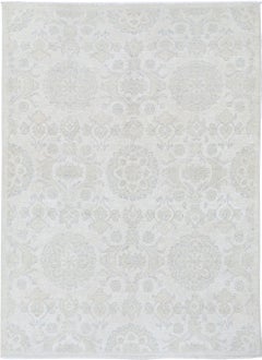 5x6.7 ft Hand Knotted Ivory and Blue Wool Area Rug with Floral Medallion Design