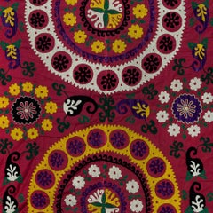 5x6.7 Ft Silk Embroidery Throw, Vintage 1990s Red Tapestry, Uzbek Wall Hanging