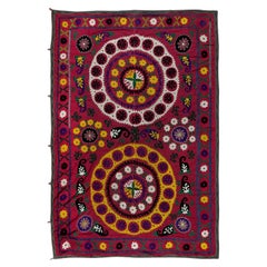 5x6.7 Ft Silk Embroidery Throw, Vintage 1990s Red Tapestry, Uzbek Wall Hanging