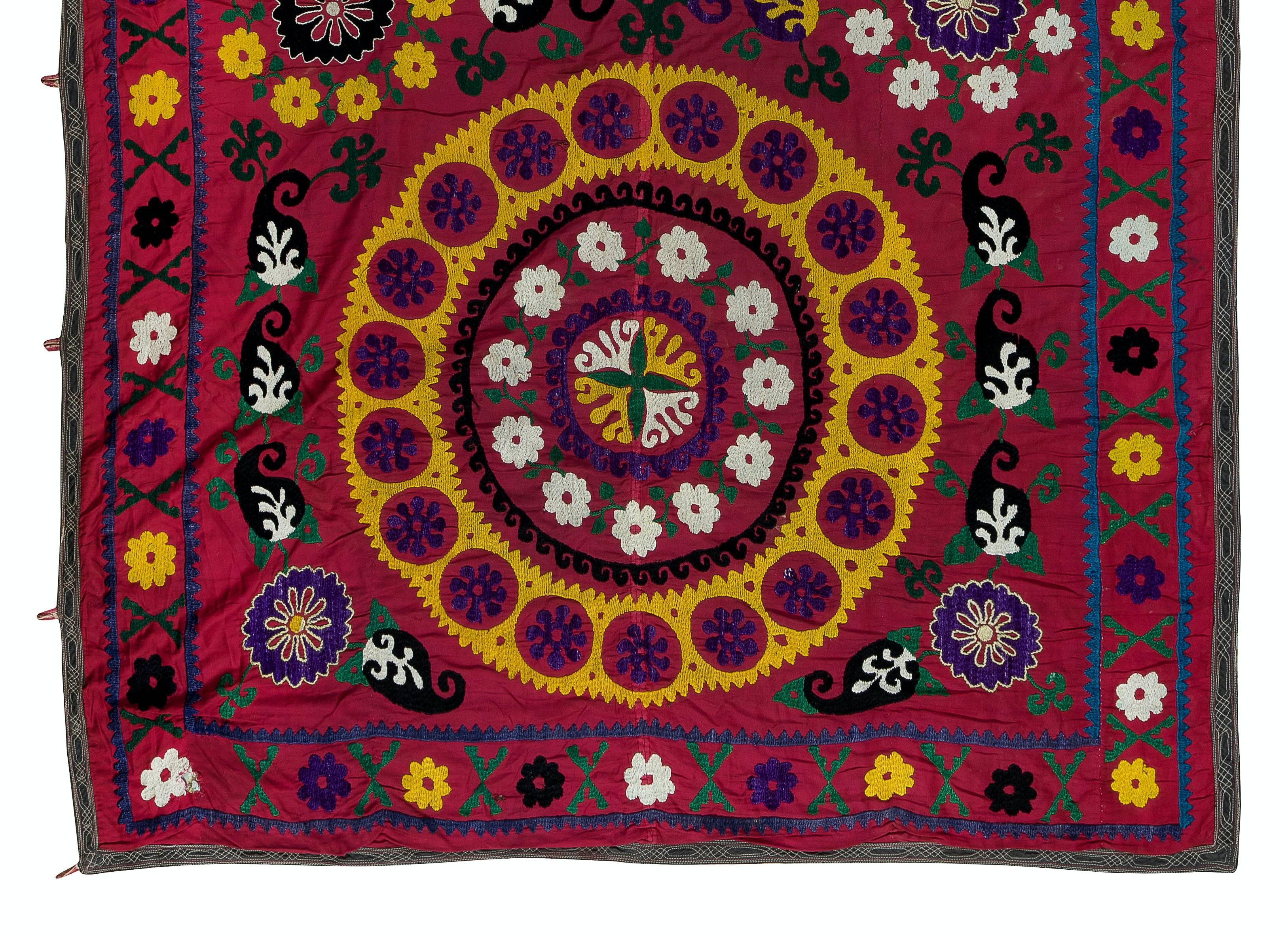 Embroidered Silk Hand Embroidery Throw, Vintage Suzani Tapestry, Uzbek Wall Hanging For Sale