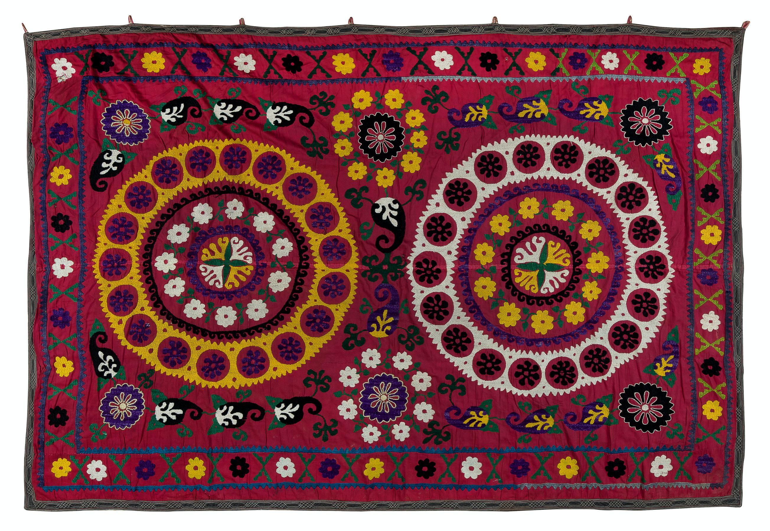20th Century Silk Hand Embroidery Throw, Vintage Suzani Tapestry, Uzbek Wall Hanging For Sale