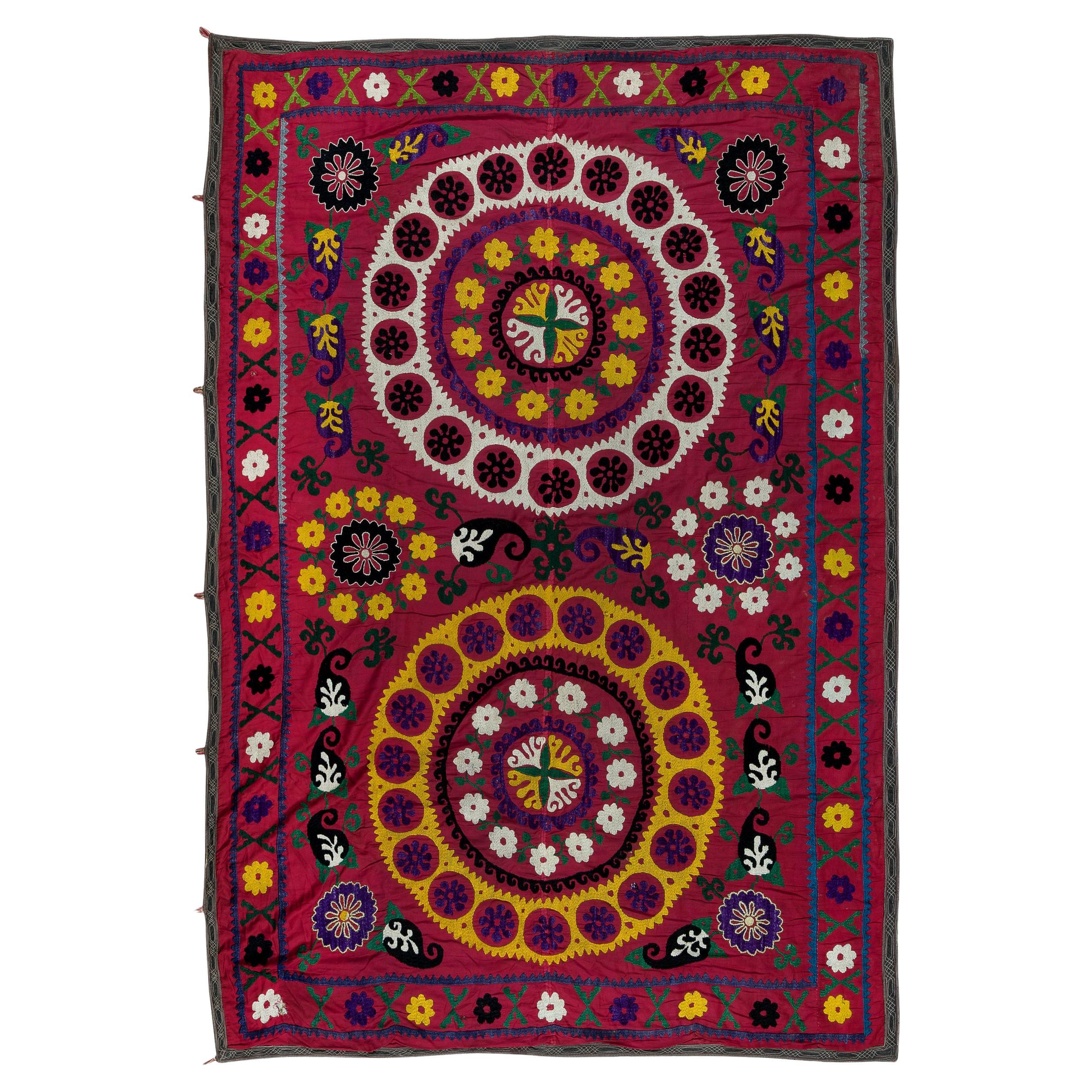 Silk Hand Embroidery Throw, Vintage Suzani Tapestry, Uzbek Wall Hanging For Sale