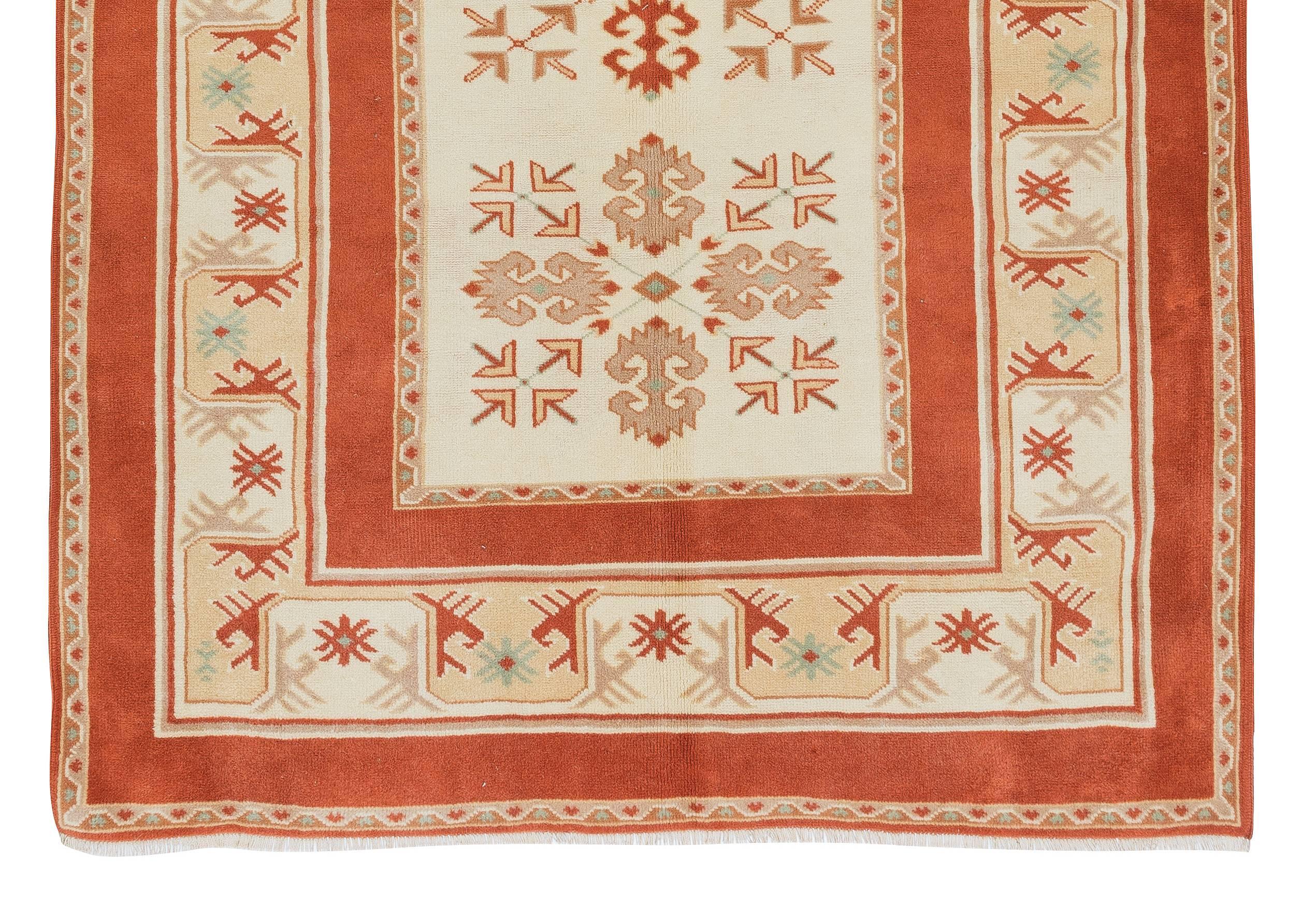 Contemporary 5x6.7 ft Modern Hand Knotted Turkish Area Rug in Red and Cream Colors, 100% Wool For Sale