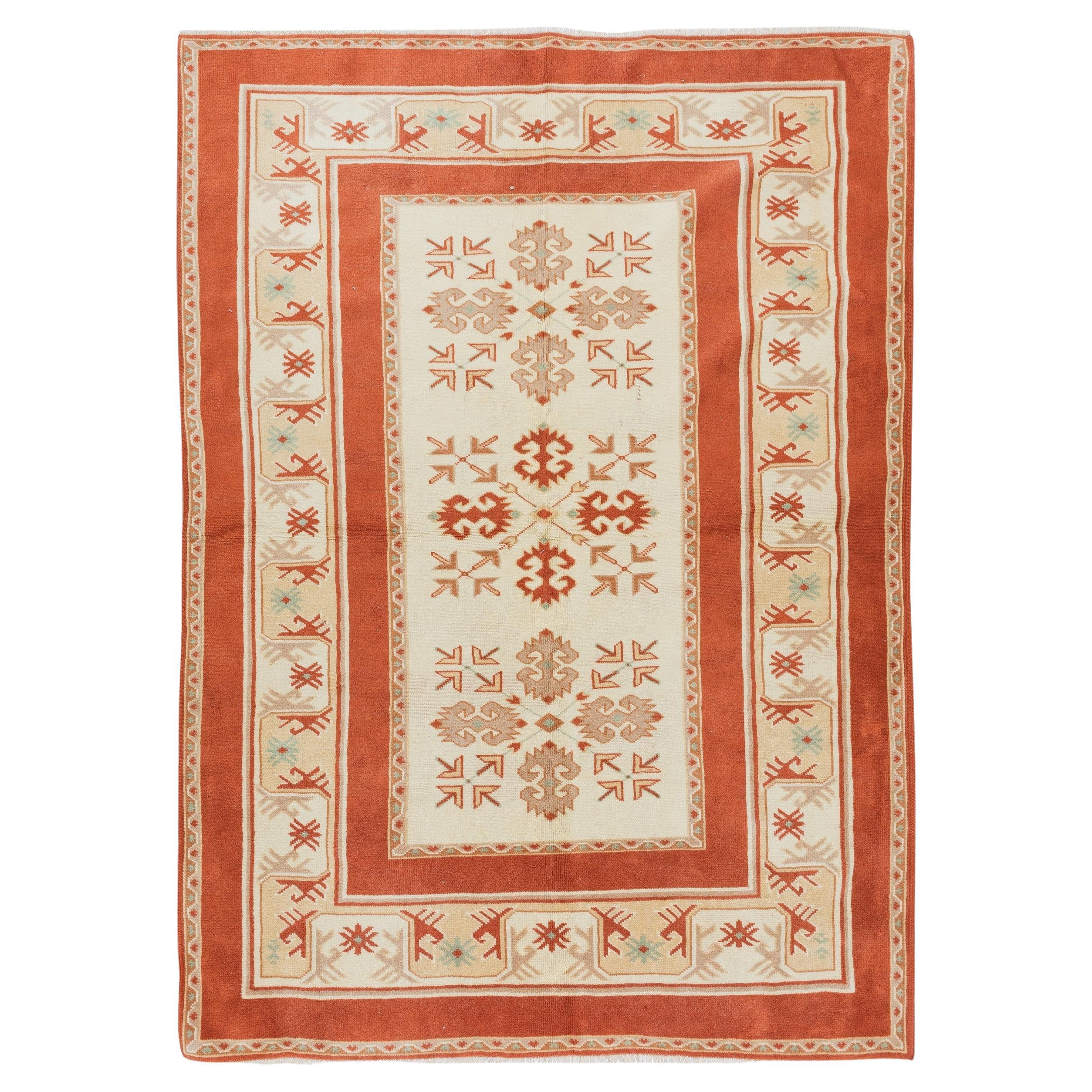 5x6.7 ft Modern Hand Knotted Turkish Area Rug in Red and Cream Colors, 100% Wool