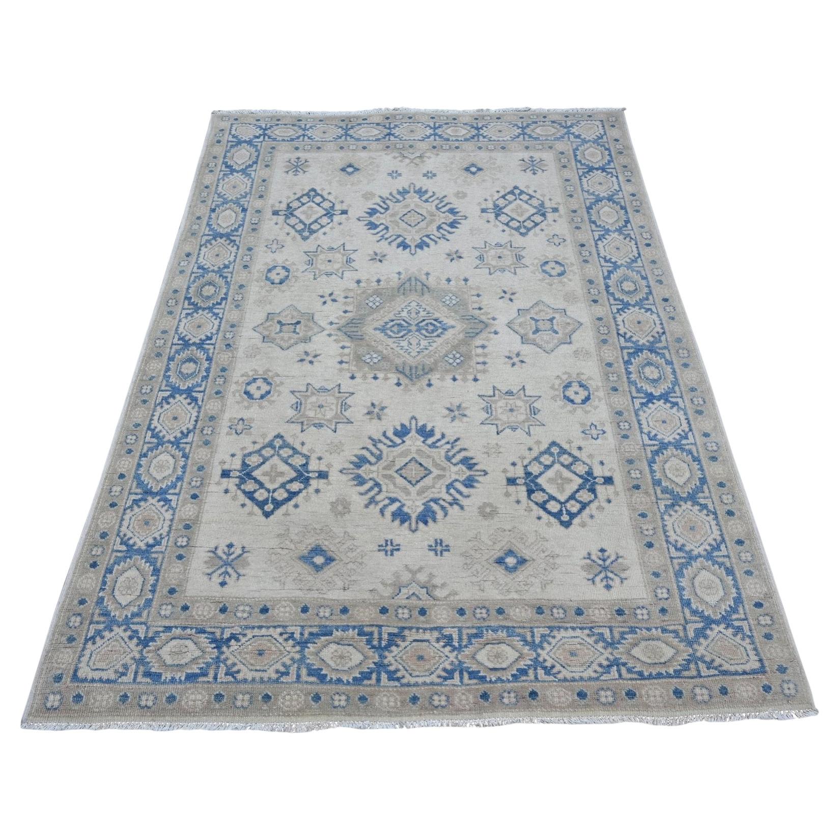 5'x6'7" Ivory Vintage Look Kazak with Geometric Elements Hand Knotted Wool Rug