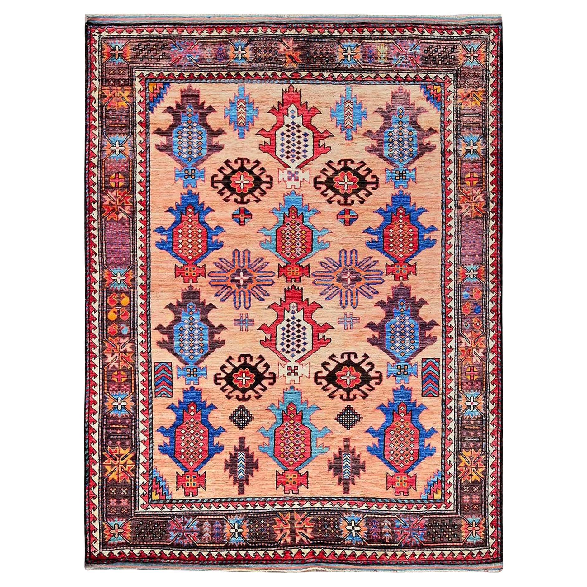 Tappeto Peach Afghan Ersari Caucasian Design Revival annodato a mano, interamente in lana.
